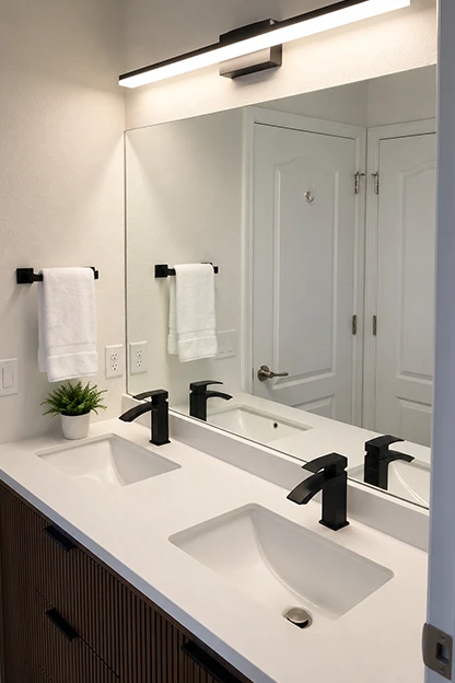 Modern Bathroom with Double Sinks and Contemporary Black Faucets