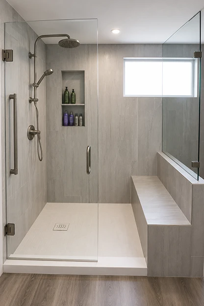 Modern Walk-In Shower with Glass Doors and Built-In Shelf